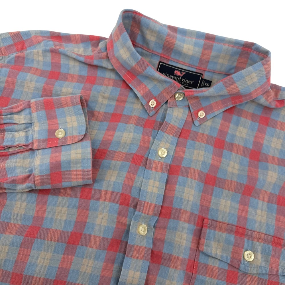 Vineyard Vines Crosby Shirt Mens XXL Blue Pink Plaid Cotton Linen Blend Slim Fit